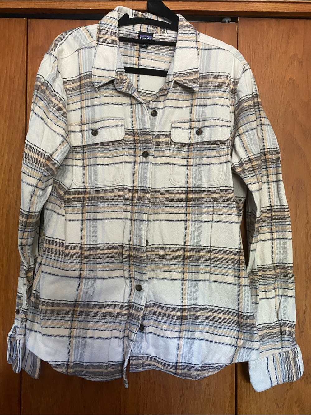 Patagonia Cream Plaid Button-Up Shirt Jacket with Brown Stripes